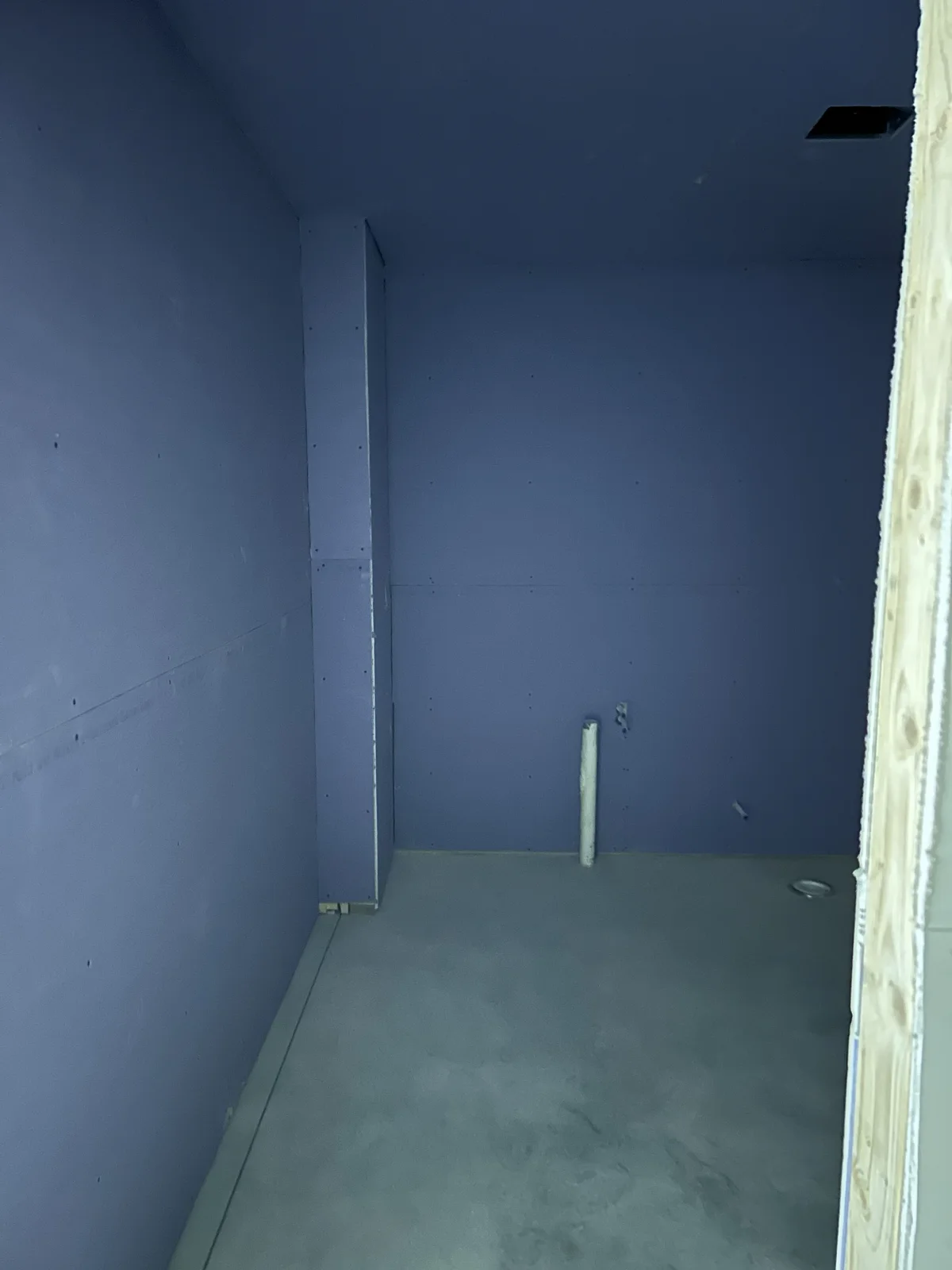 Purple board up in a basement bathroom
