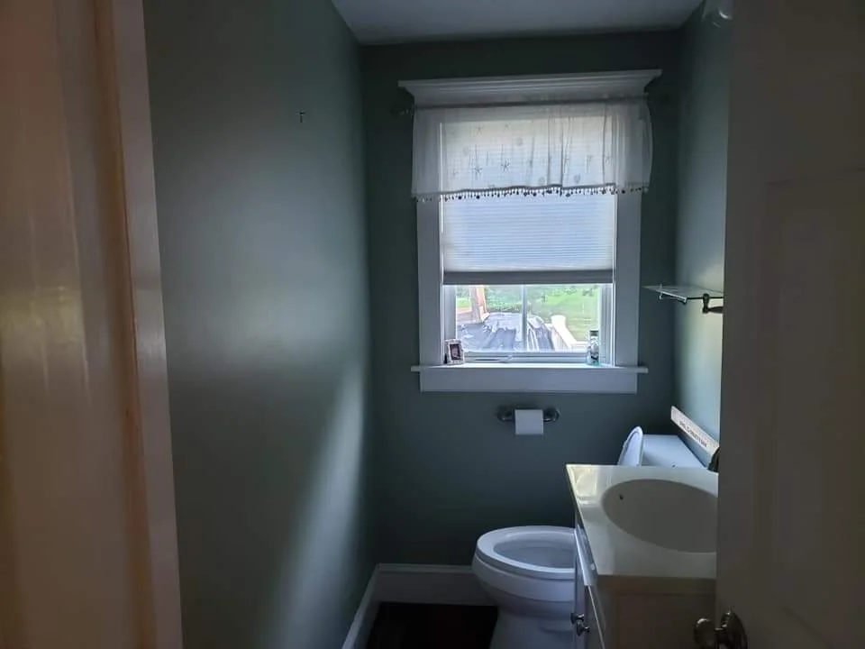 T&B Paint Pros LLC bathroom after paint transformation with soft green walls. Elegant and refreshed small bathroom with inviting ambiance. Flagler County painter, bathroom renovation, interior painting.